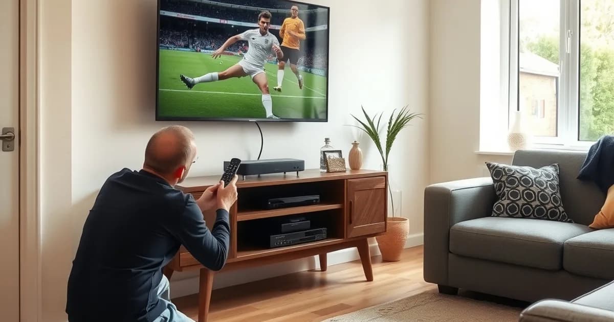 Person setting up an Android TV box and connecting an Ethernet cable beneath a television in a bright living room