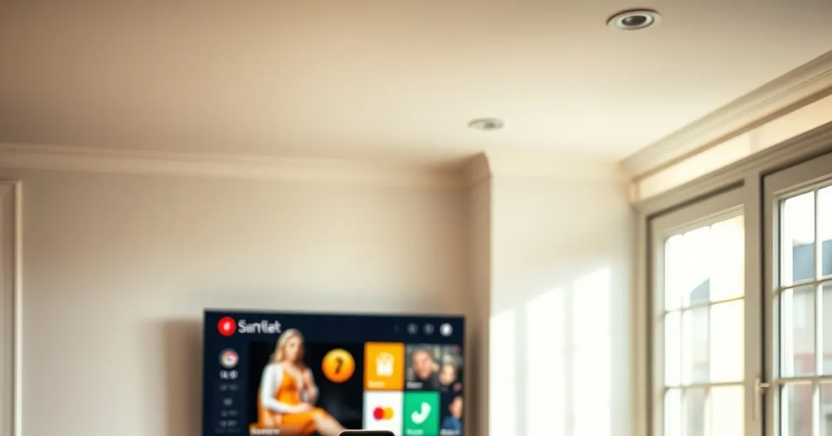 A person comparing streaming app interfaces on a phone beside a wall-mounted TV in a bright, naturally lit British living room