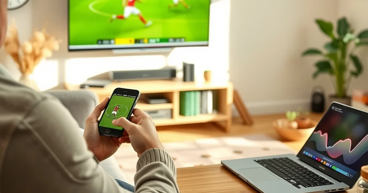 A person in a bright living room comparing IPTV video quality on a phone and tablet while a football match plays on the TV in the background