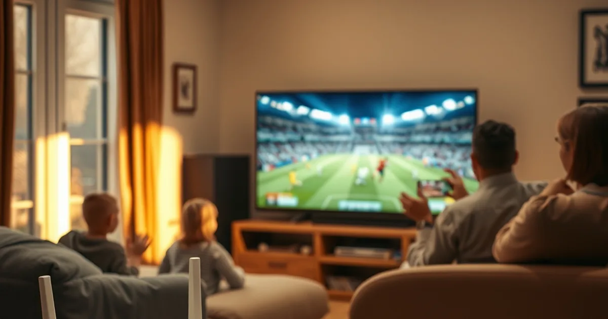 A family watching a live football match on TV in a bright living room, with a home broadband router visible in the foreground