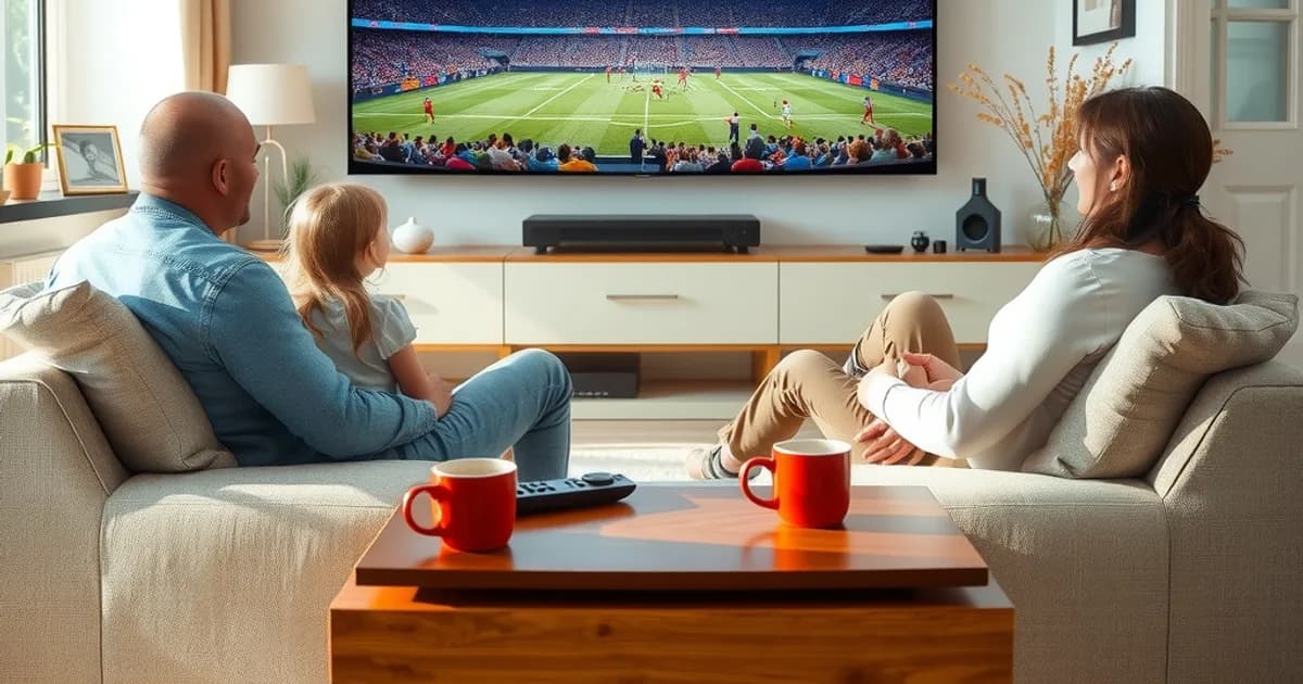 A family relaxing together on a sofa in a bright, sunlit living room, watching a football match on a large wall-mounted TV