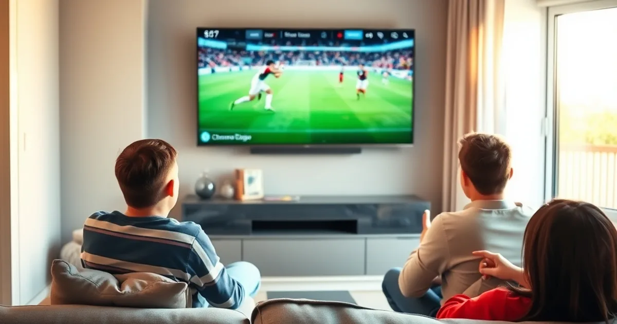 Family watching a live football match on a wall-mounted TV in a bright UK living room, with a Chromecast streaming device and remote on the console below