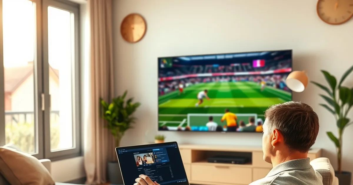 Person on a sofa checking stream quality details on a laptop in a bright living room, with a TV showing a sports broadcast in the background