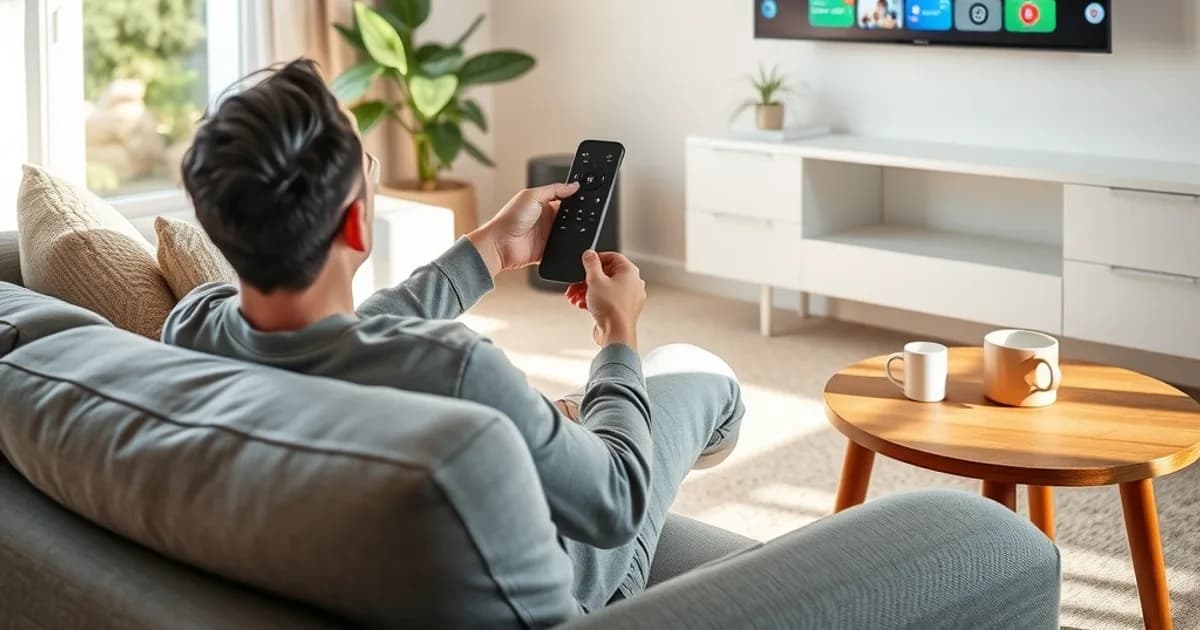 A person in a bright living room pointing a streaming remote at a Fire TV Stick device connected to a wall-mounted television, sunlight streaming through the window