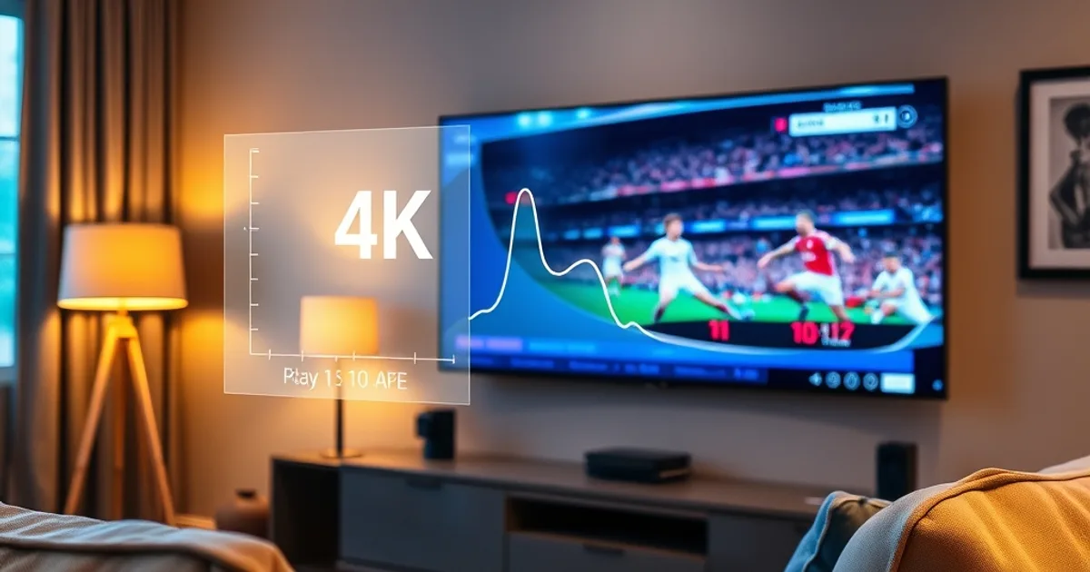A UK living room in the early evening with a 4K Premier League match playing on a large wall-mounted television, a translucent network-monitor overlay in the corner of the screen showing a live bitrate graph, a remote control resting on the arm of the sofa in the foreground, warm lamp light, cosy and modern British home