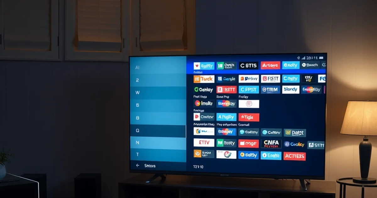 A UK living room at night lit mainly by the television, split-screen feeling: on one side the TV shows a broken programme guide grid with empty grey rows and no listings, on the other a working guide grid full of clear channel logos and time slots, a remote control resting on a sofa arm and a bowl of snacks on the coffee table, evening football-night atmosphere, cosy lamp light in the background, no text or logos visible on screen