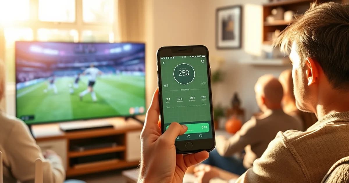 A family watching a football match on a living room TV in daylight, with a smartphone speed test app visible and a WiFi router on a nearby shelf