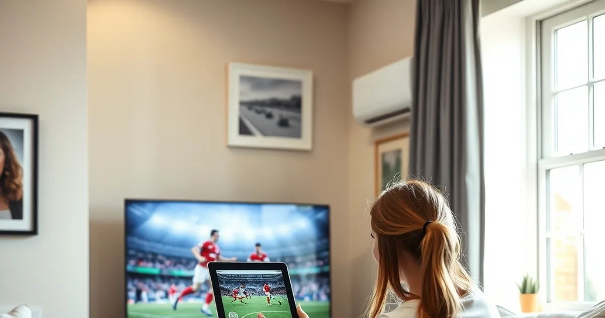 A woman relaxes on a sofa in a sunlit living room watching football on an iPad, with the same match mirrored on the TV behind her and a MacBook open on the coffee table