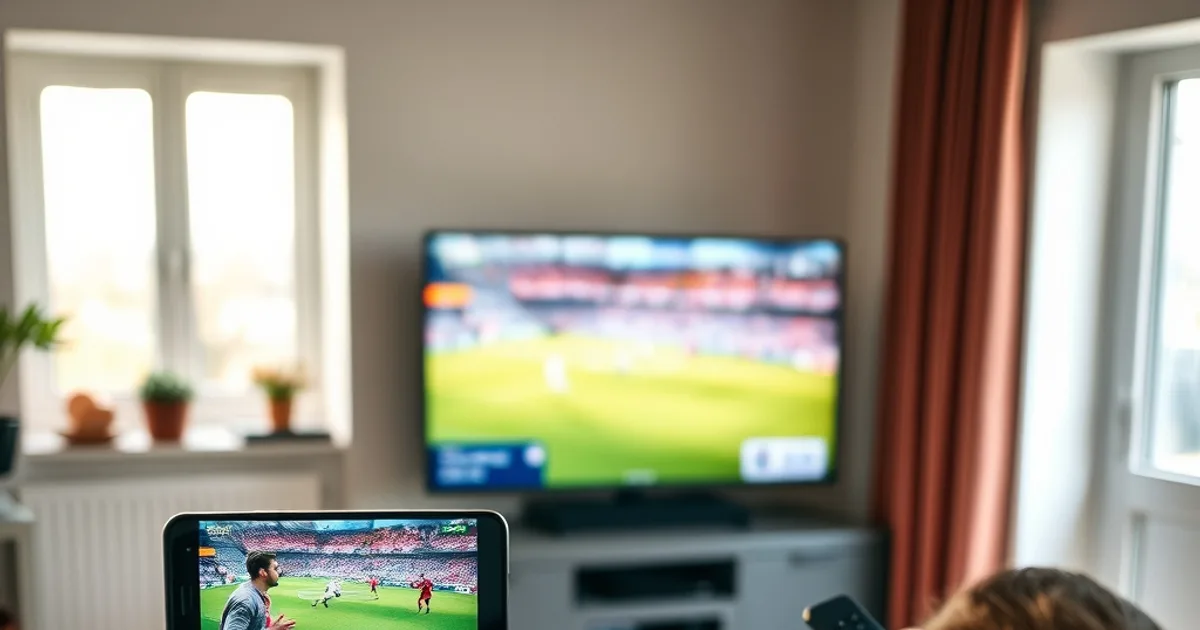 A person in a bright UK living room comparing a smooth stream on their phone to a buffering match on the TV, with a WiFi router visible nearby