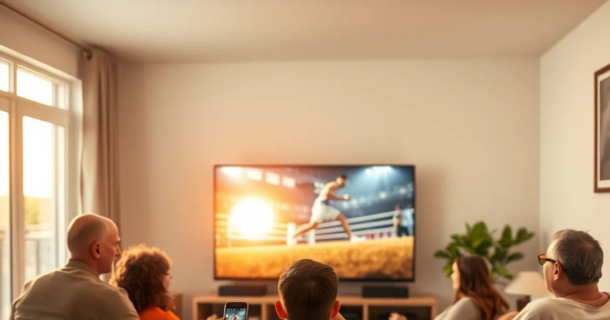 A family watching a live boxing match on a large TV in a bright living room, with a streaming box and router visible nearby