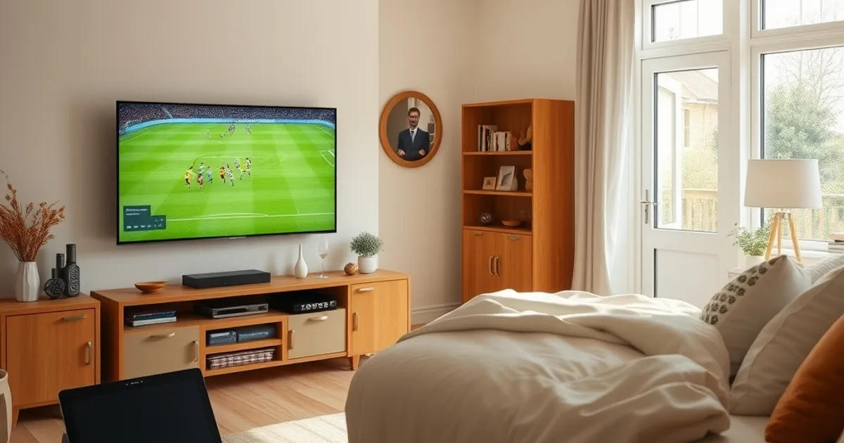 A UK family home with football streaming visible across the living room TV, a kitchen tablet, and a bedroom phone at the same time