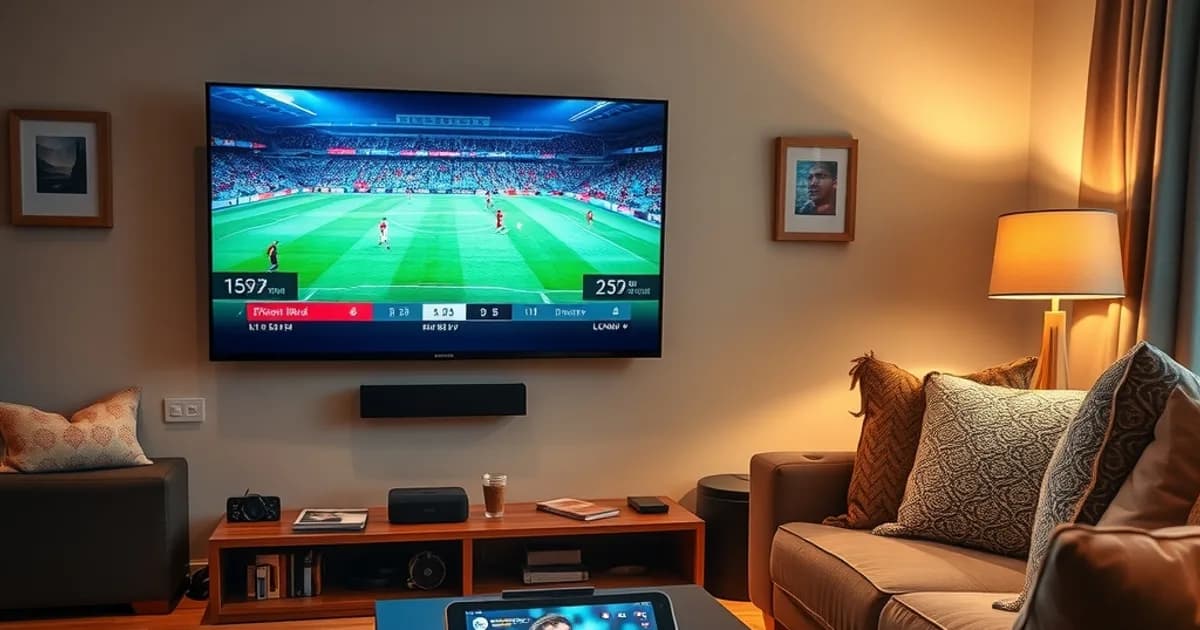 A UK living room in the early evening: a large wall-mounted TV shows a live Premier League match while a tablet resting on the coffee table beside the sofa plays a different programme, both streaming from the same household subscription under warm, cosy lamplight.