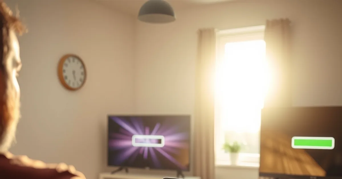 Person checking their phone next to a TV showing a loading screen in a bright UK living room