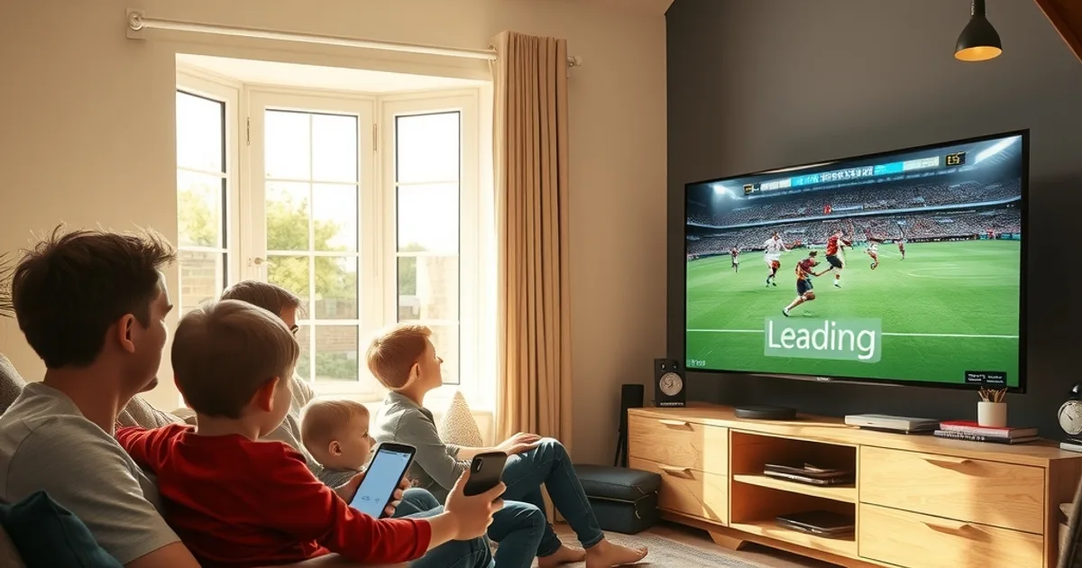 Family watching a live football match on TV in a sunlit living room while one person checks a buffering stream on their phone