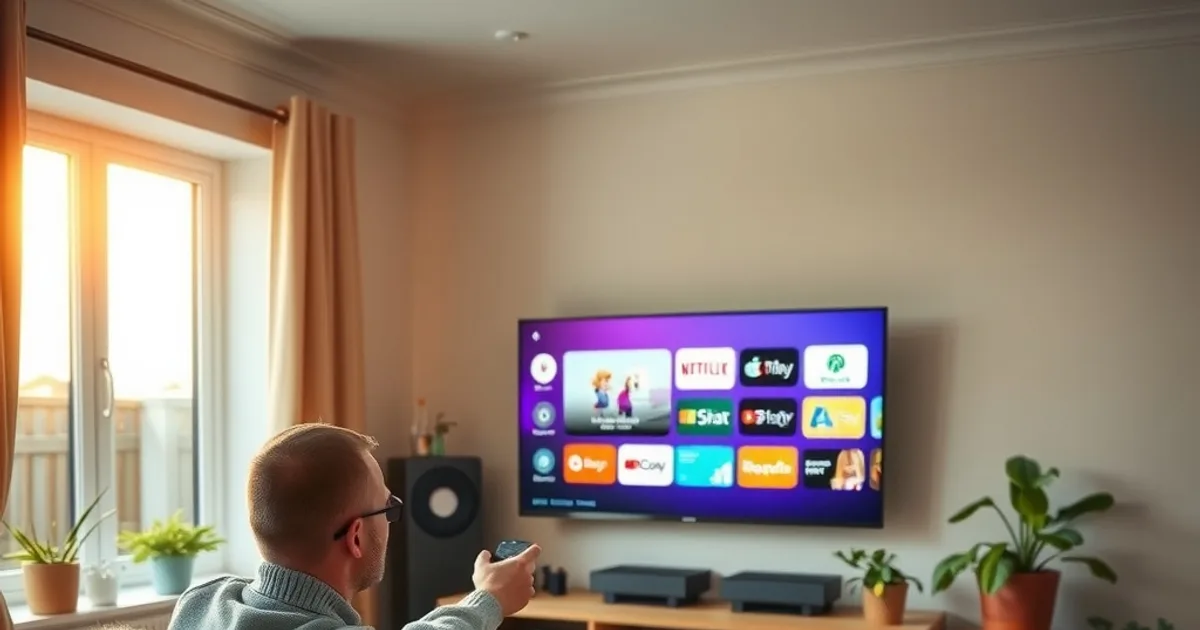 A person in a bright UK living room using a remote to navigate the app menu on a wall-mounted smart TV in the early evening