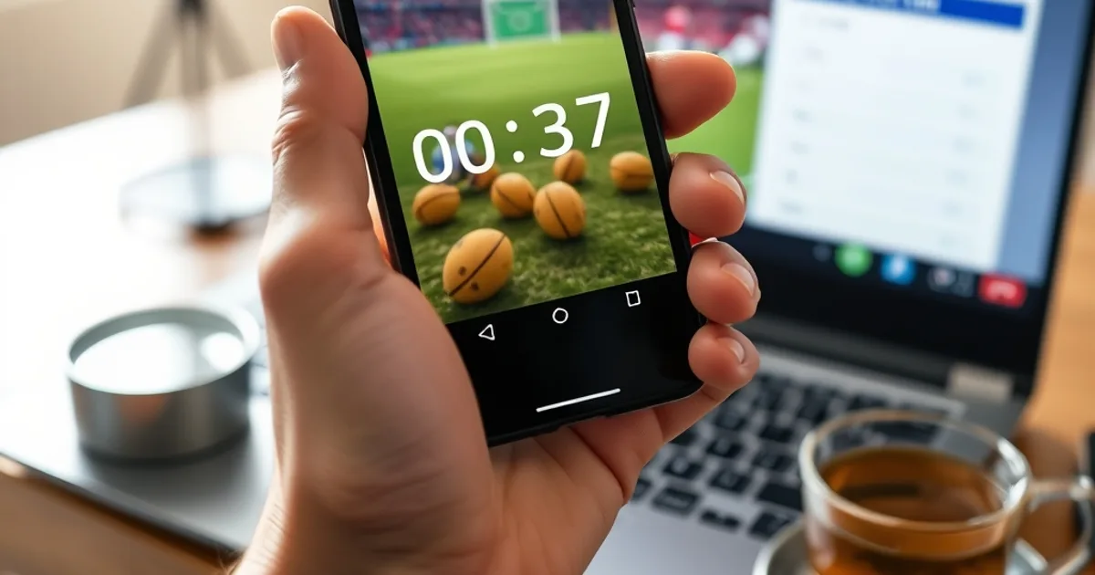 Close-up of a hand holding a smartphone showing a stopwatch app running at 00:03:47, with a laptop in the background displaying an IPTV app loading a live football match, a cup of tea beside the keyboard, warm evening light in a UK living room