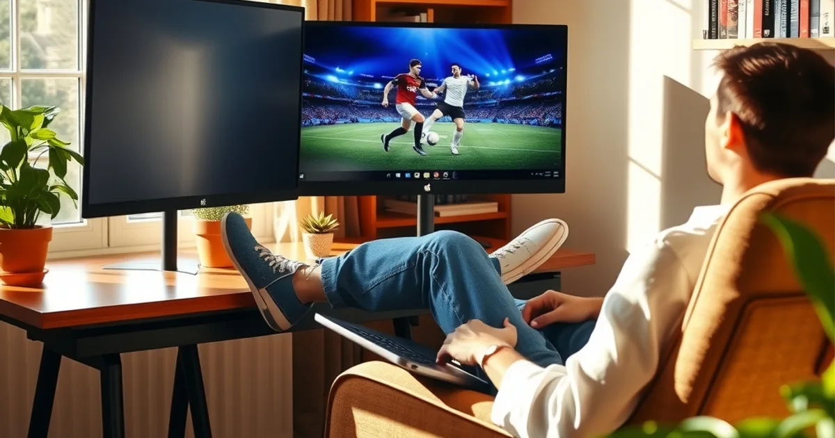 A person watching a football match on a Windows laptop and monitor at a sunlit home desk