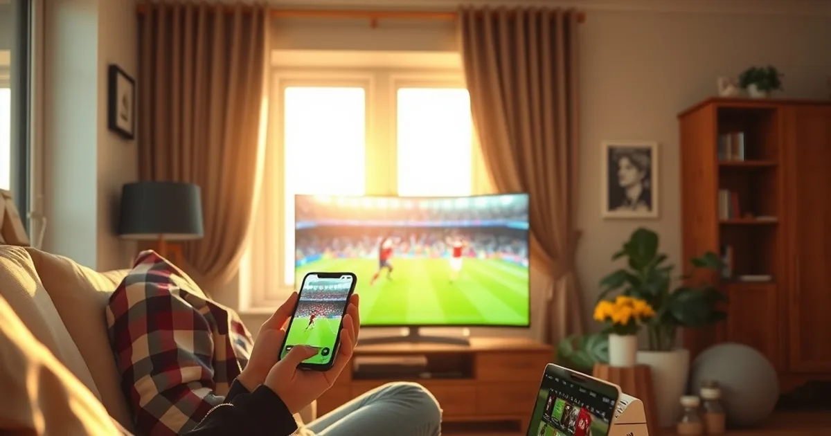 A person on a sofa in a bright UK living room comparing a streaming service on their phone and laptop while a football match plays on the TV in the background