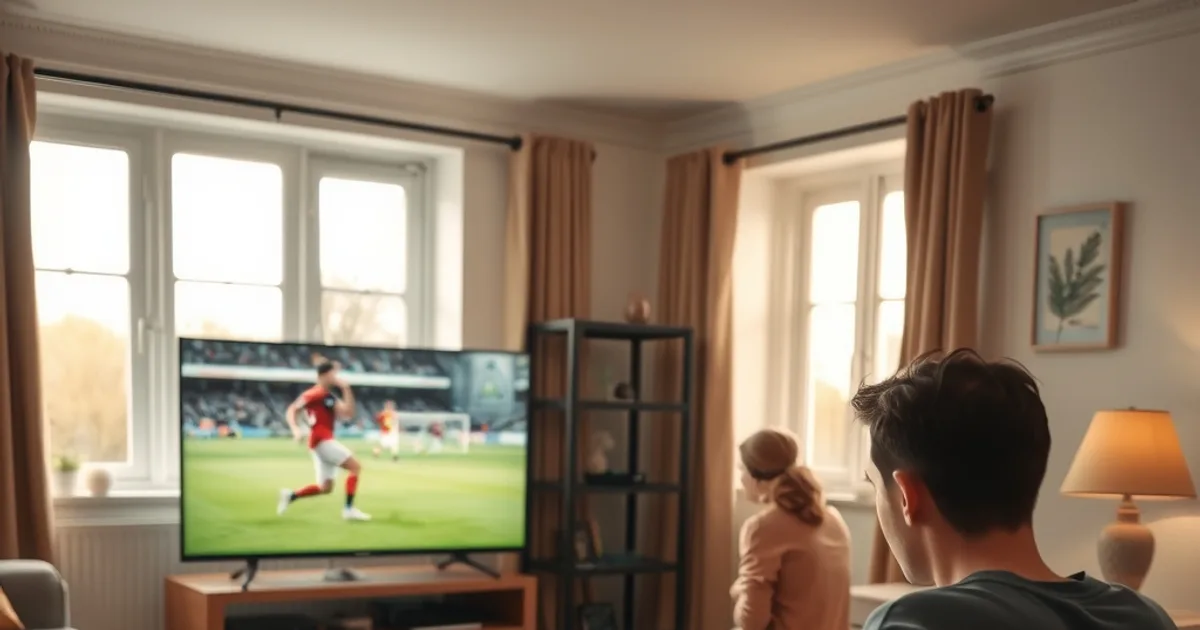 A person in a bright UK living room adjusting a laptop while a football match plays on the TV in the background