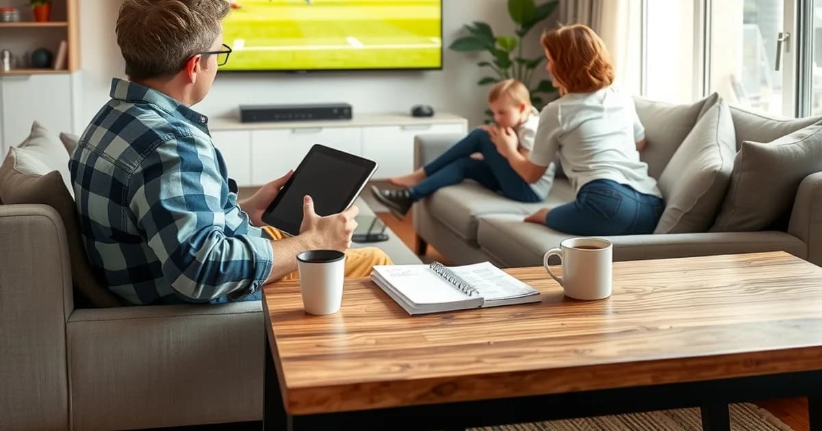 A family relaxing in a sunlit living room, watching a football match on TV while one person checks household budget notes on a tablet.