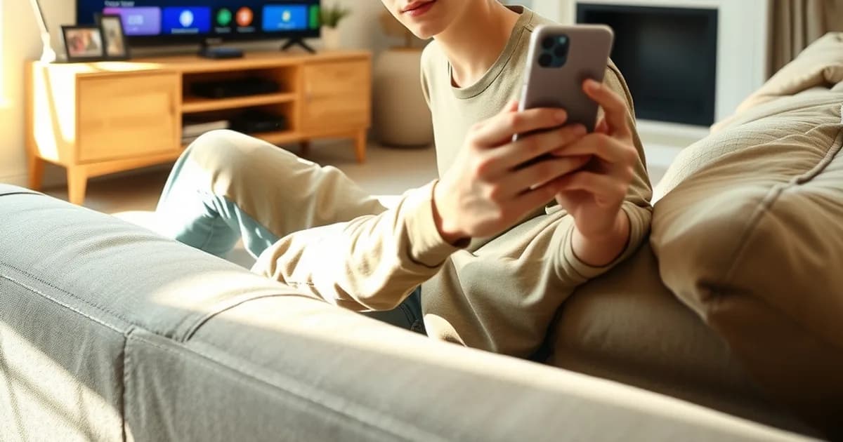 A person sitting on a sofa in a bright living room, looking thoughtfully at a text message on their phone with a TV in the background