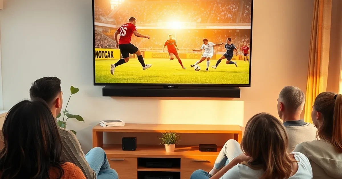 Friends watching a live 4K football match on a large TV in a bright UK living room, streaming devices visible on the media console below
