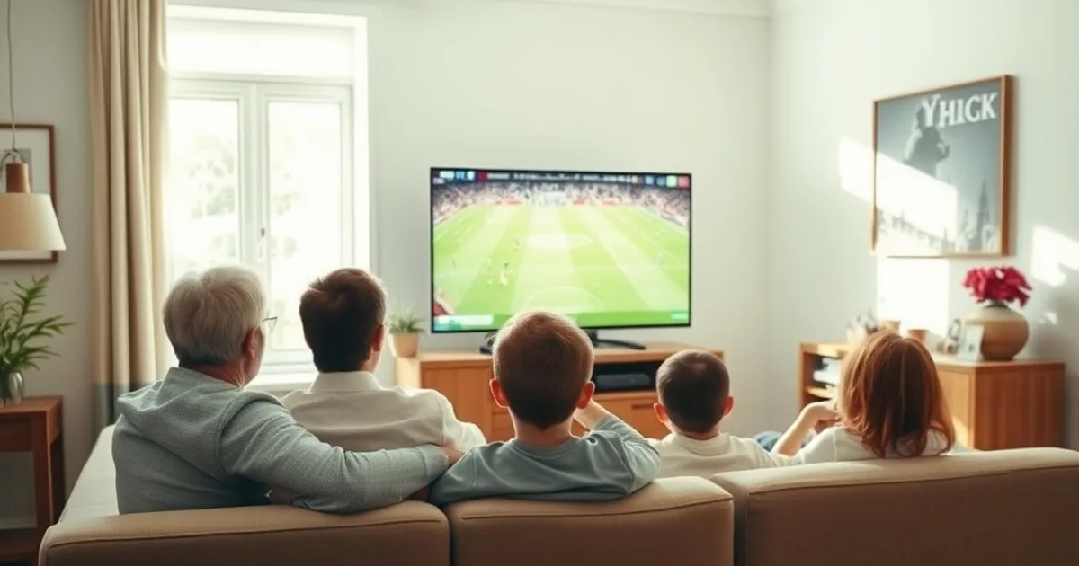 A family relaxing on a sofa in a bright living room watching a live football match together on a Saturday afternoon