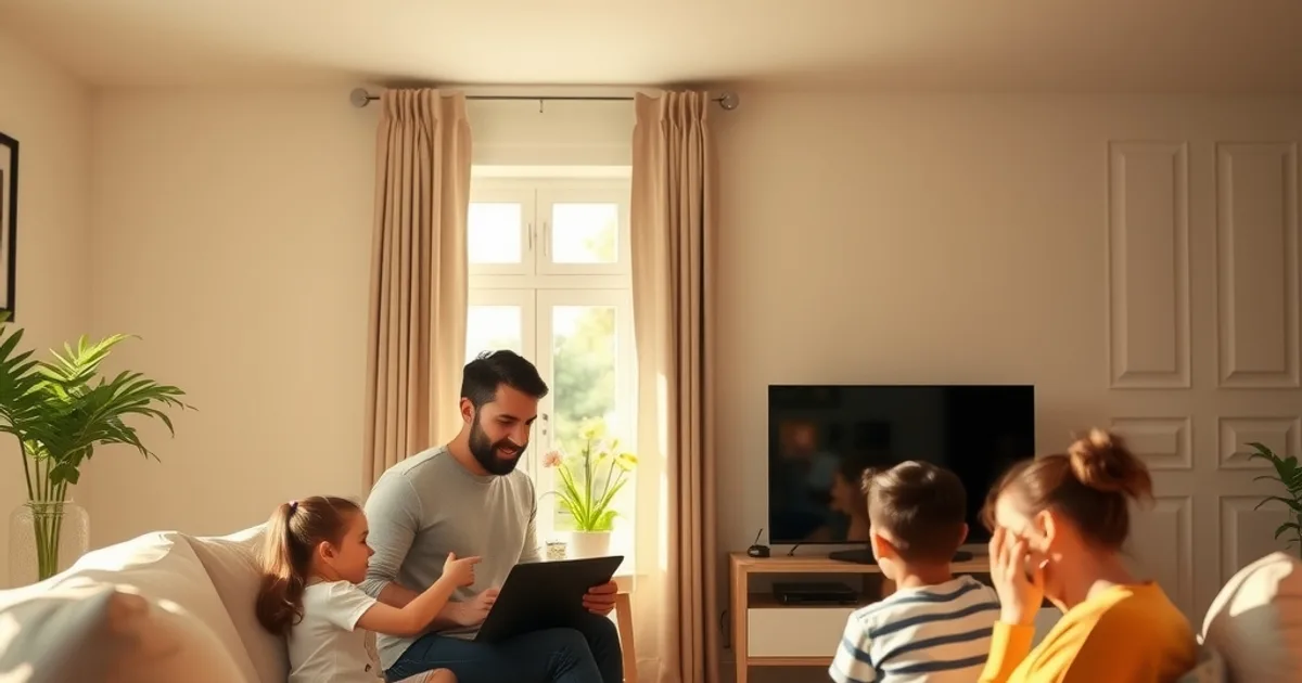 A family sitting together in a sunlit UK living room checking a streaming setup on a laptop and TV