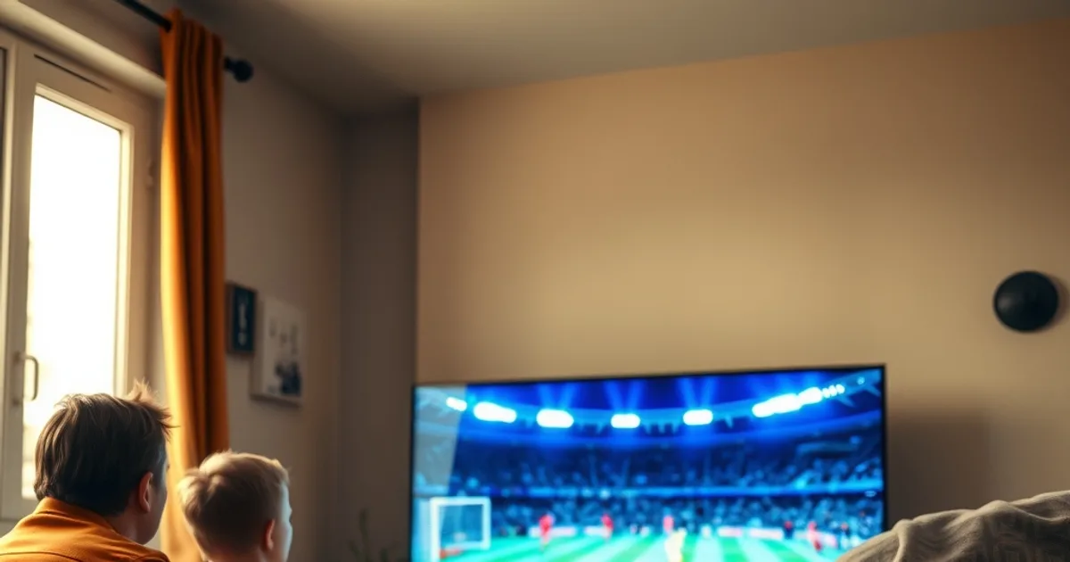 A family relaxing in a sunlit living room watching a live football match on a smart TV, with a smartphone showing a WiFi signal on the coffee table.