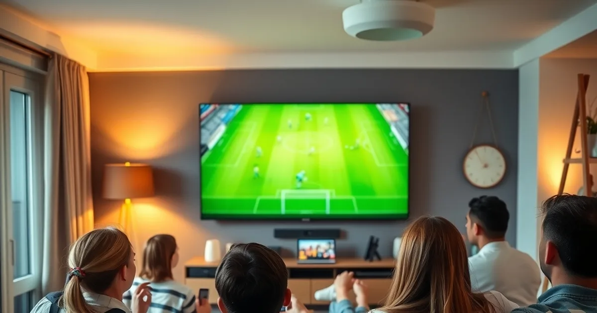 Family watching a live football match together on a smart TV in a bright, cozy living room in the evening