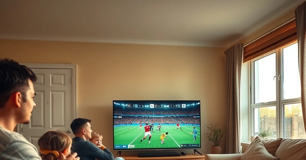 A family watching a live football match together on a TV in a bright, naturally lit UK living room