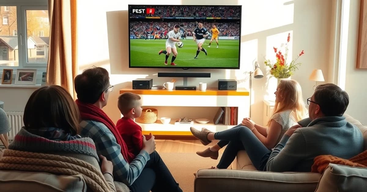 Friends and family watching a live rugby match together on a living room TV in natural daylight