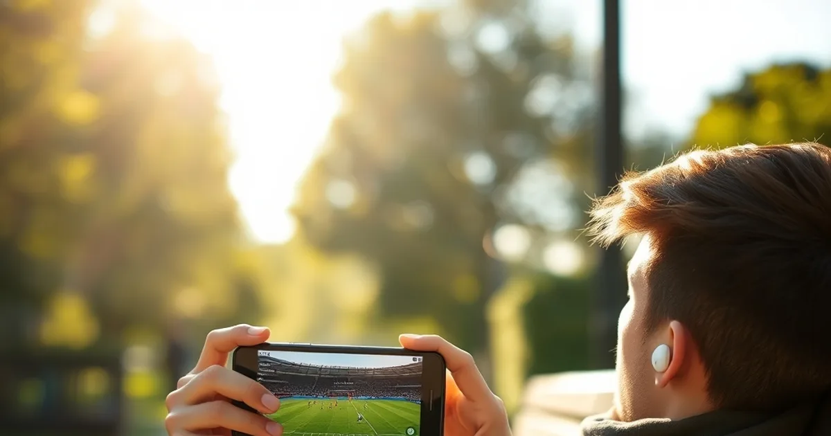 A person relaxing outdoors on a sunny afternoon, watching a Premier League football match streamed live on their iPhone