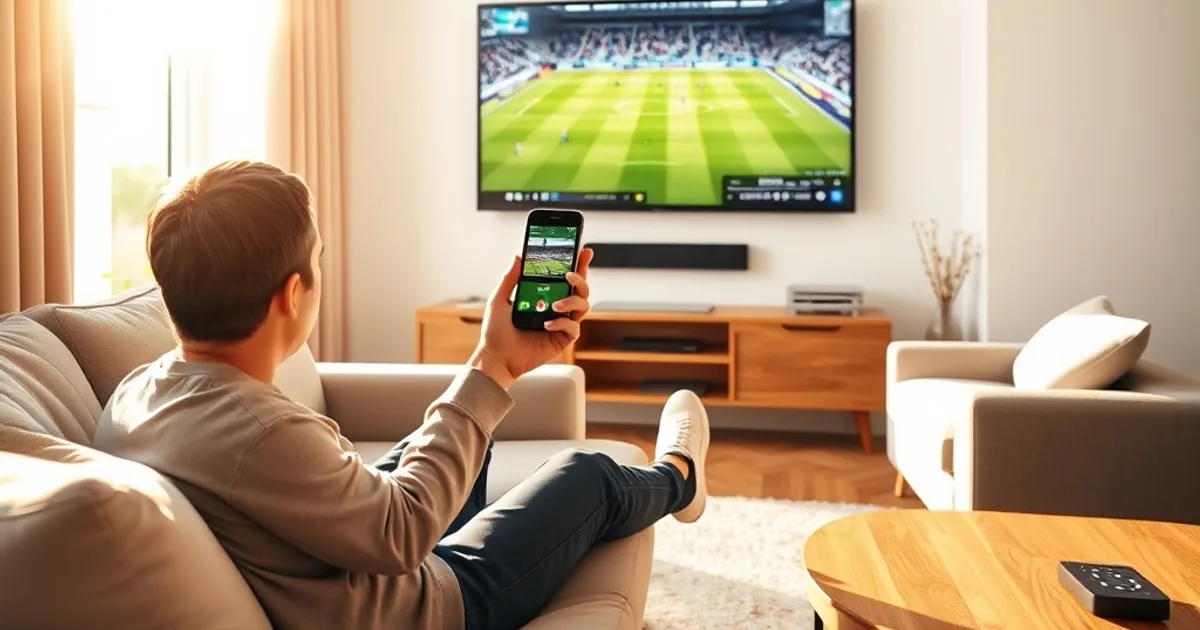 A person in a bright living room casts a football match from their phone to a wall-mounted TV.