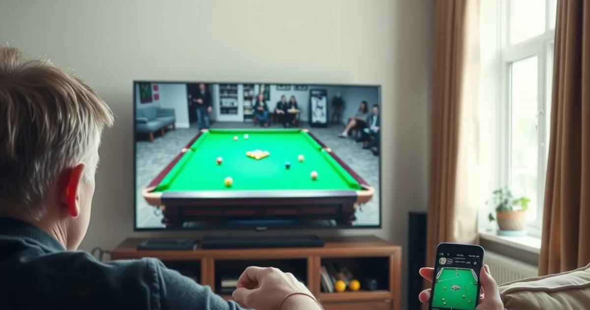 A snooker fan watching a live match on a living room TV in bright daylight, with a phone nearby streaming the same session