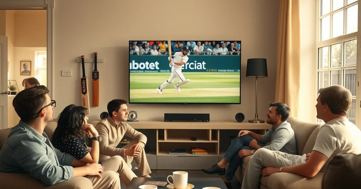 Friends relaxing on a sofa in a bright living room watching live Test cricket on a large TV