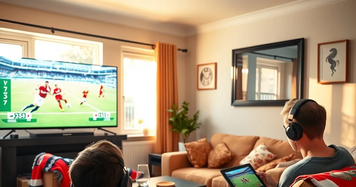 A family watching World Cup football together in a bright living room, with a teenager streaming a second match on a tablet nearby