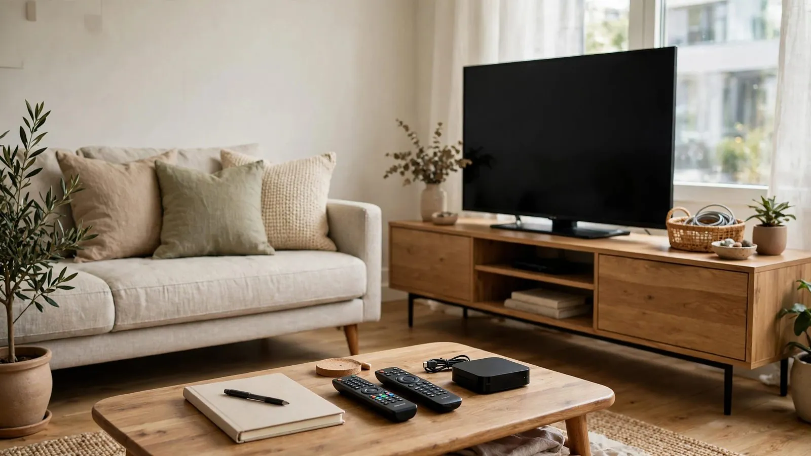 Living room with switched-off television, sofa, and a coffee table holding notebooks, remotes, and a black box.