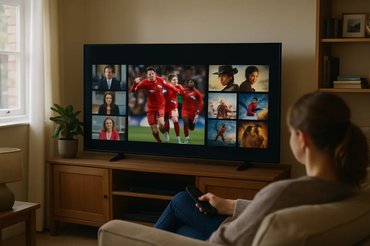 A large television in a British home showing a grid of channels and films, lit by soft daylight