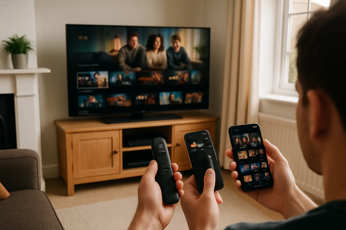 A hand holding a streaming stick and a phone showing the same TV service next to a television