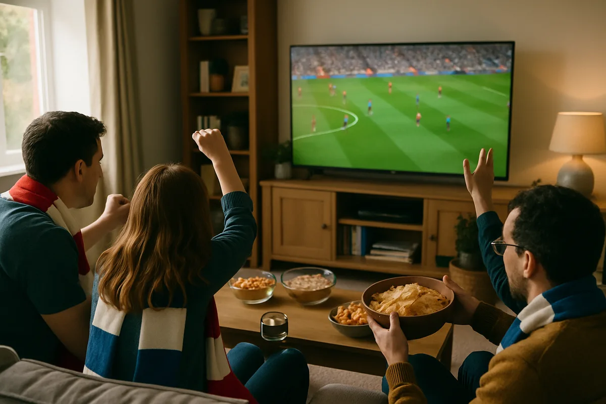Friends watching a live football match together on a big screen in a British home